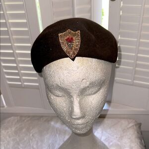 Vintage 50s/60s Brown Felt Beret with Beaded Patch on Front & Bow in Back